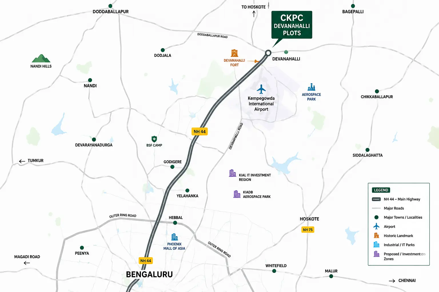 CKPC Devanahalli Plots location map — NH 207, Airport Road connectivity Bangalore