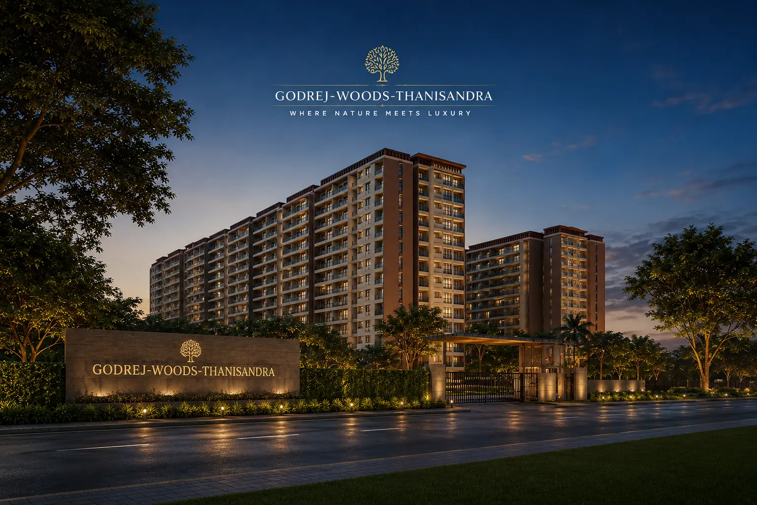 Godrej Woods Thanisandra Bangalore 2026 — luxury residential apartments elevation view by Godrej Properties