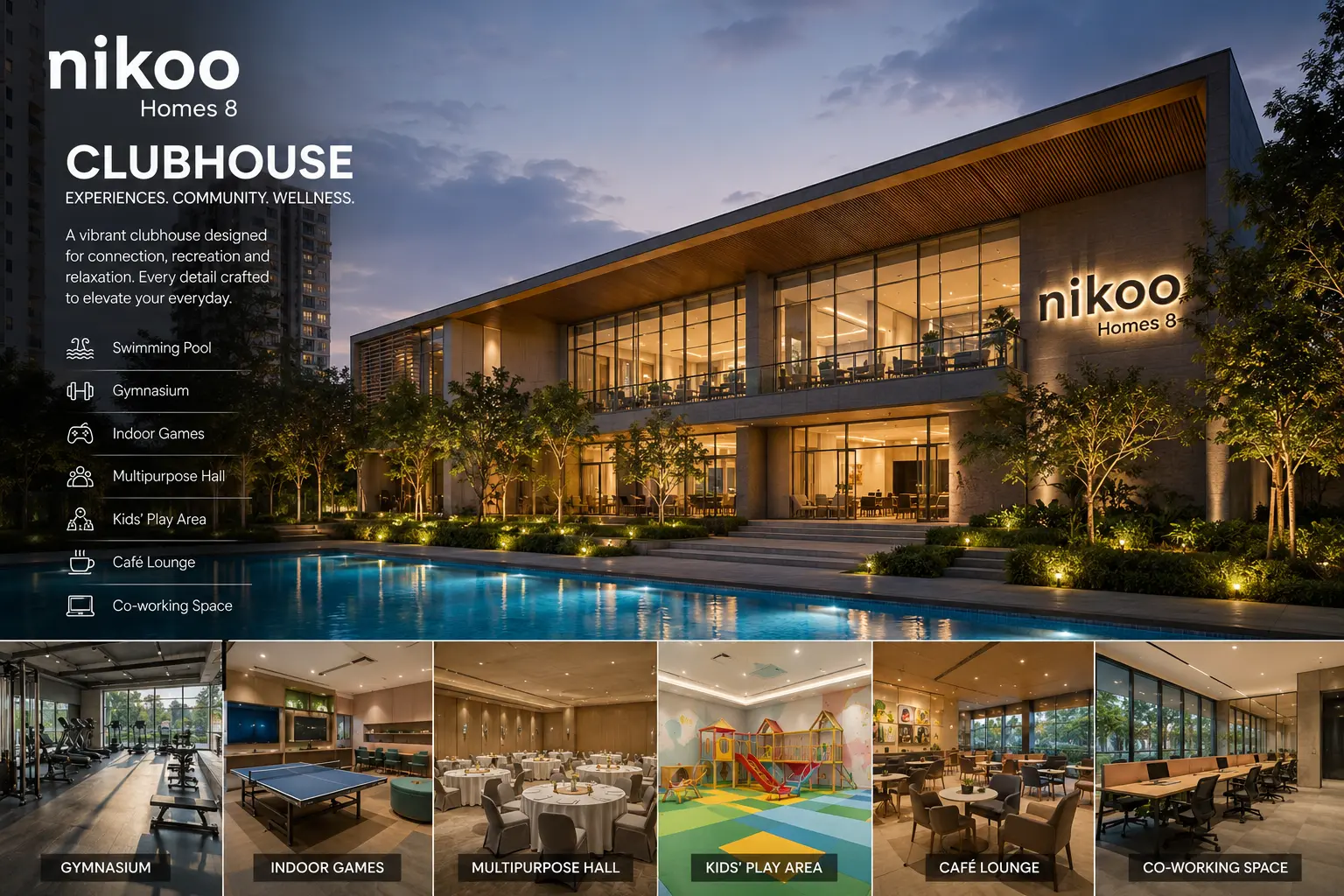 Nikoo Homes 8 amenities clubhouse swimming pool gymnasium Thanisandra Bangalore 2026