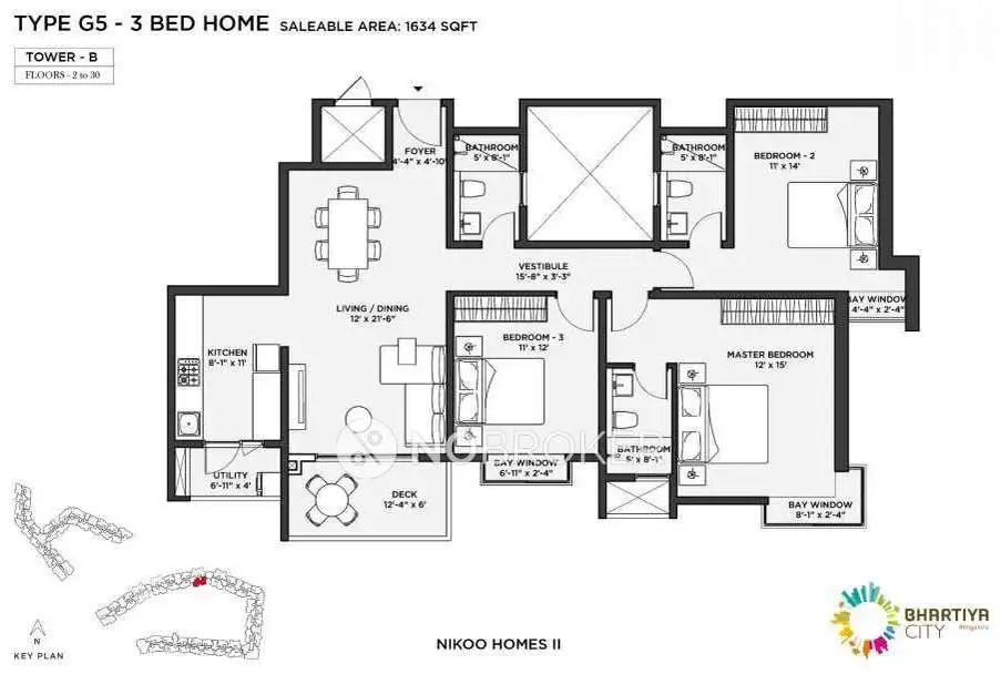 Bhartiya City KIADB 3 BHK floor plan — 1100 to 1350 sqft apartment layout, KIADB Bangalore 2026