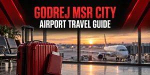 Godrej MSR City airport travel guide with red suitcase and an aircraft beyond terminal windows; conceptual illustration