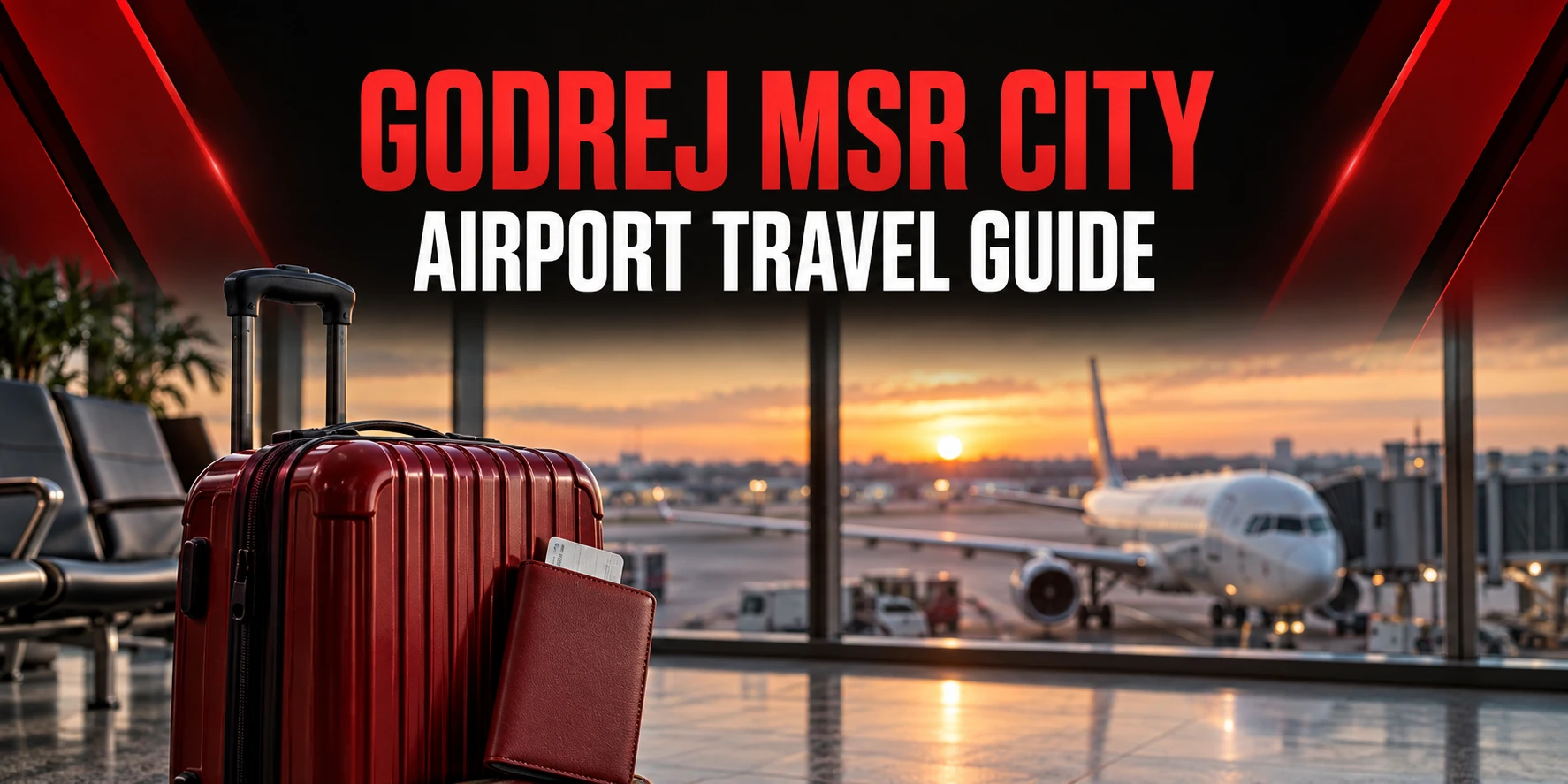 Godrej MSR City airport travel guide with red suitcase and an aircraft beyond terminal windows; conceptual illustration
