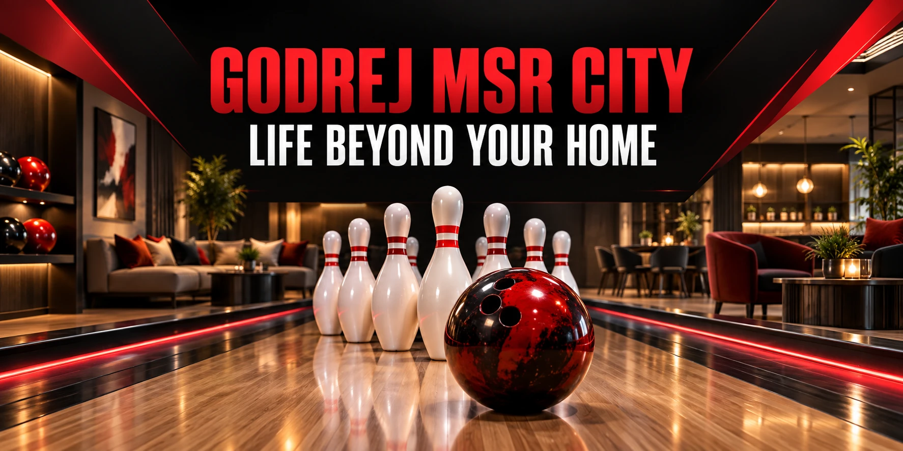 Godrej MSR City amenities guide with red bowling ball, bowling pins and conceptual indoor recreation setting