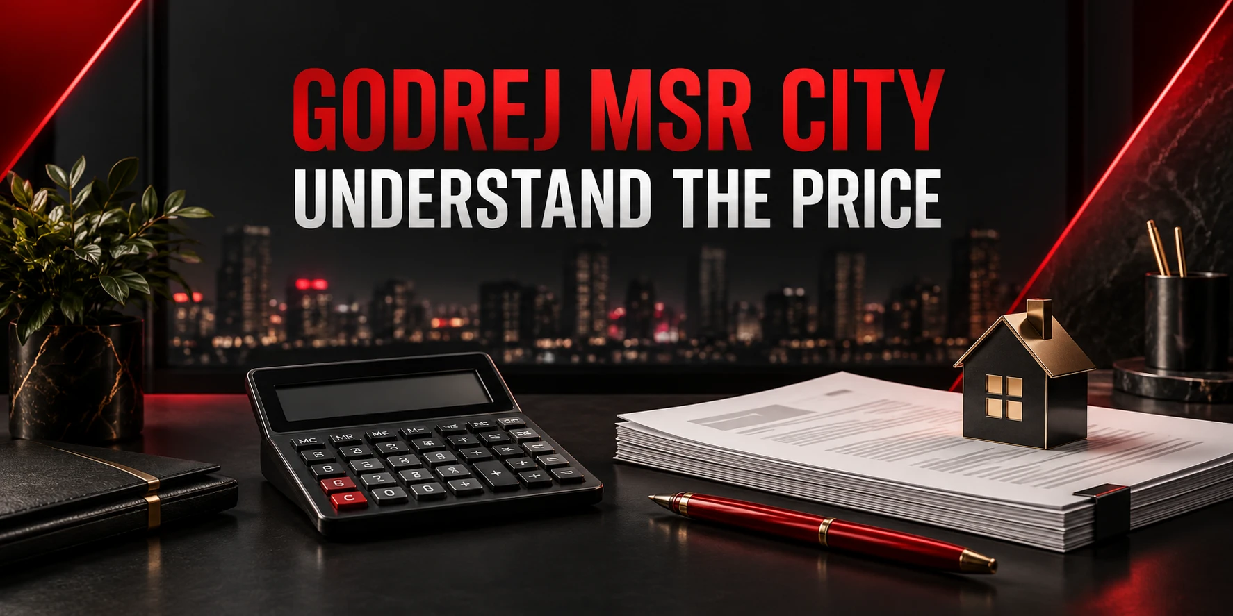 Godrej MSR City price quotation guide showing a calculator, papers, red pen and house paperweight; conceptual illustration