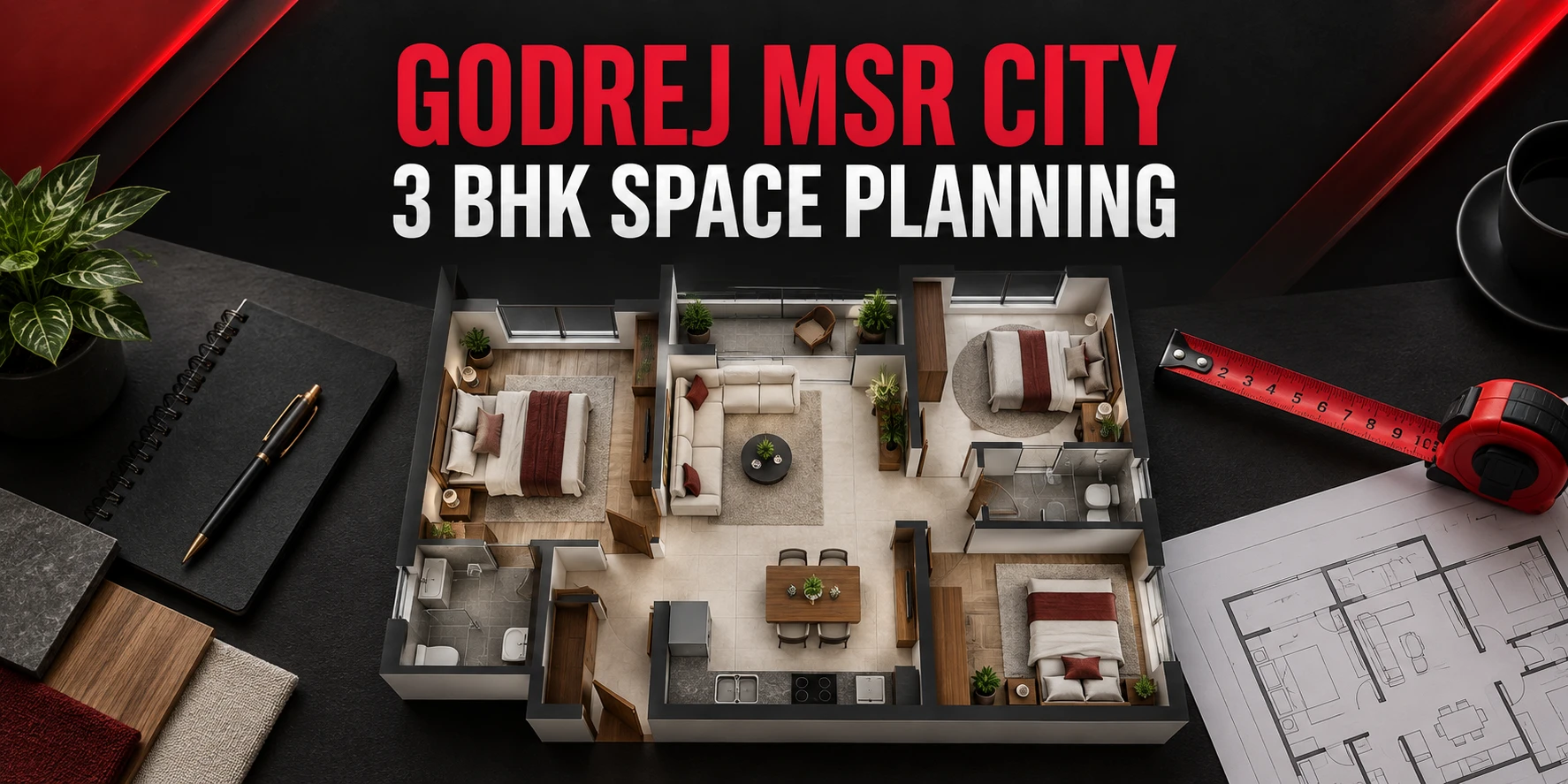 Godrej MSR City 3 BHK floor plan guide with conceptual furnished apartment model and measuring tape