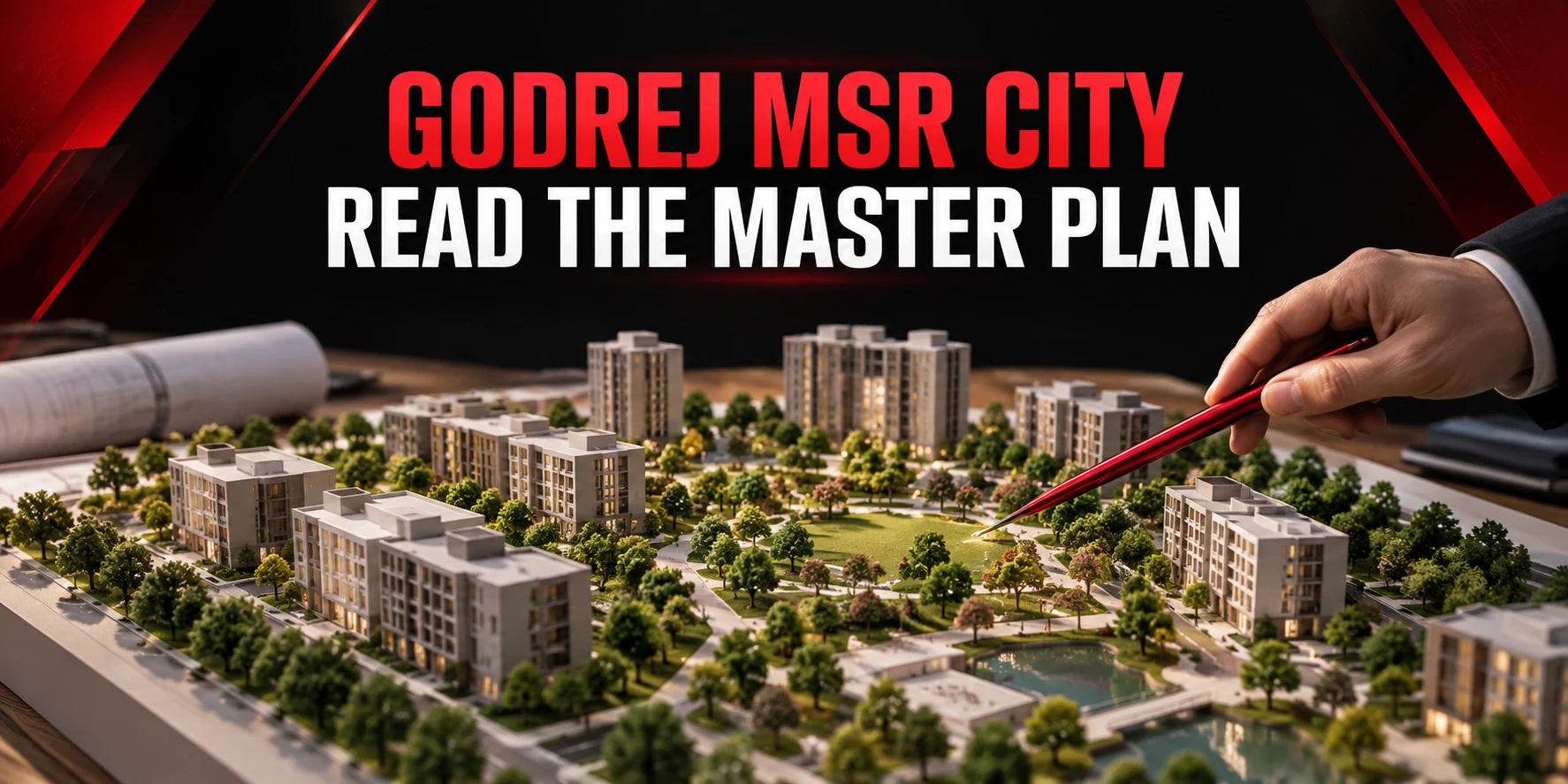 Godrej MSR City master plan reading guide with a generic neighbourhood model and red pointer; not an approved plan
