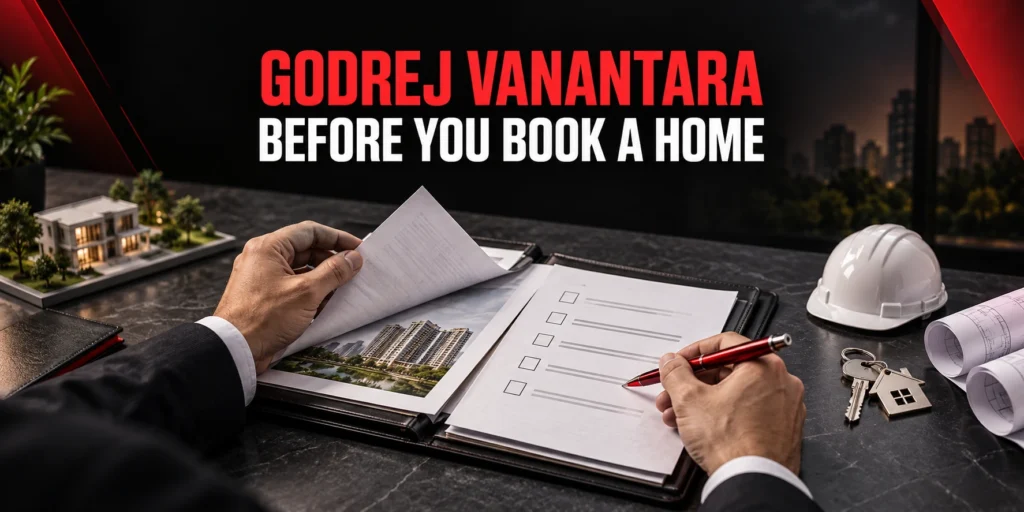 Godrej Vanantara booking checklist with documents, a red pen, house keys and a construction helmet; conceptual illustration