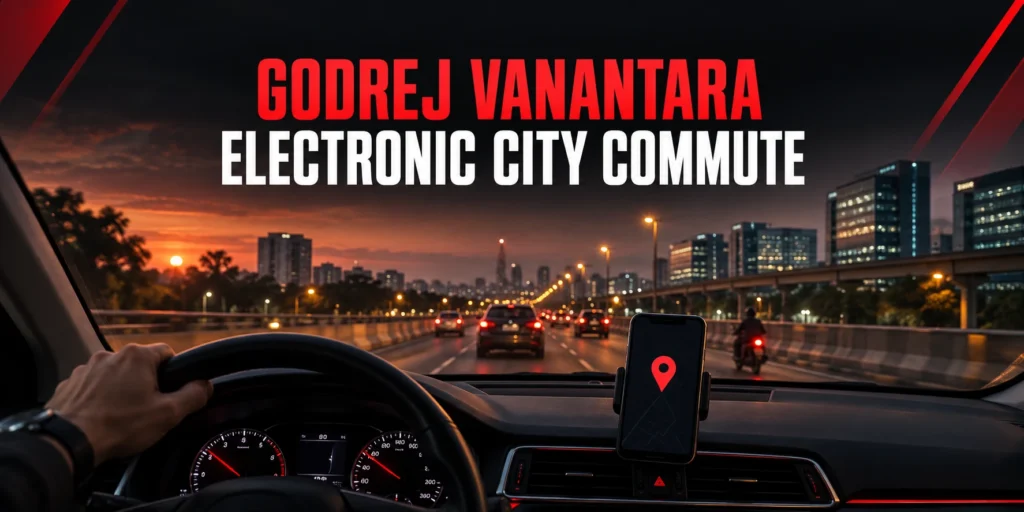 Godrej Vanantara to Electronic City commute guide showing a conceptual evening drive and location pin