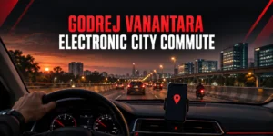 Godrej Vanantara to Electronic City commute guide showing a conceptual evening drive and location pin