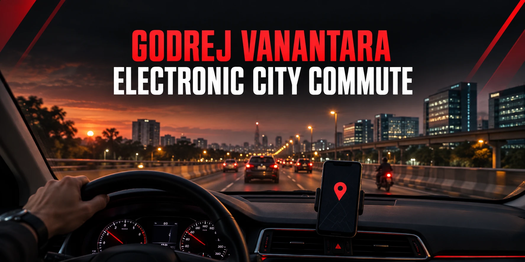 Godrej Vanantara to Electronic City commute guide showing a conceptual evening drive and location pin
