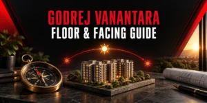 Godrej Vanantara floor and facing guide with compass, sunlight arc and conceptual building model
