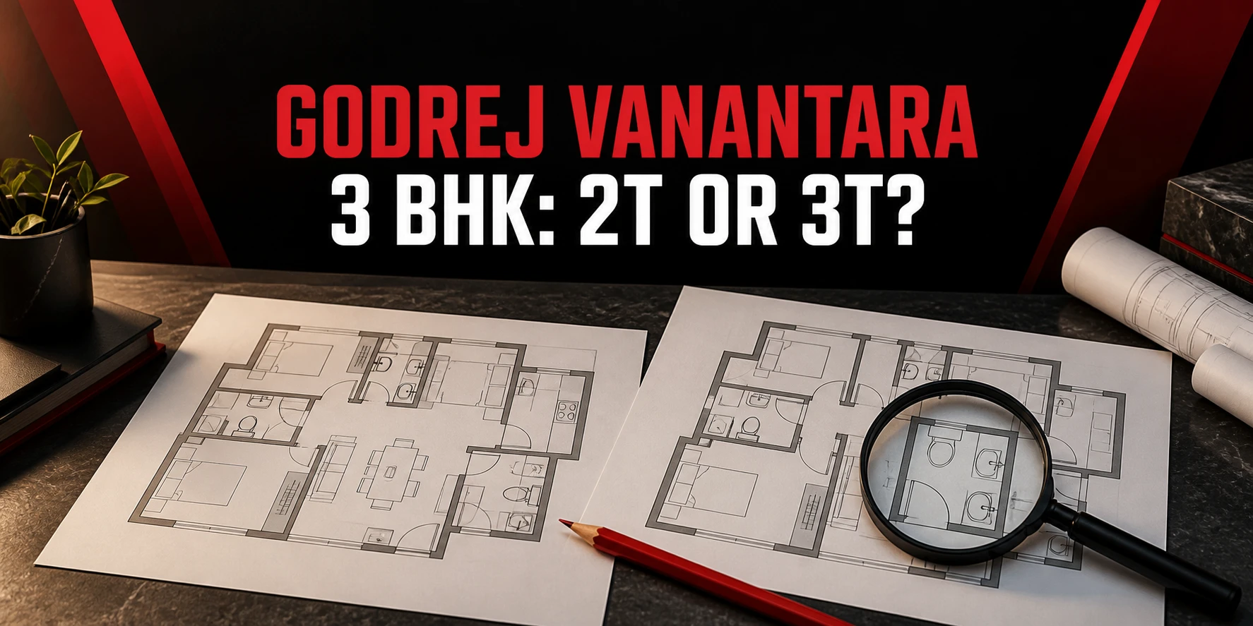 Godrej Vanantara 3 BHK 2T vs 3T guide with two conceptual apartment drawings and a magnifying glass