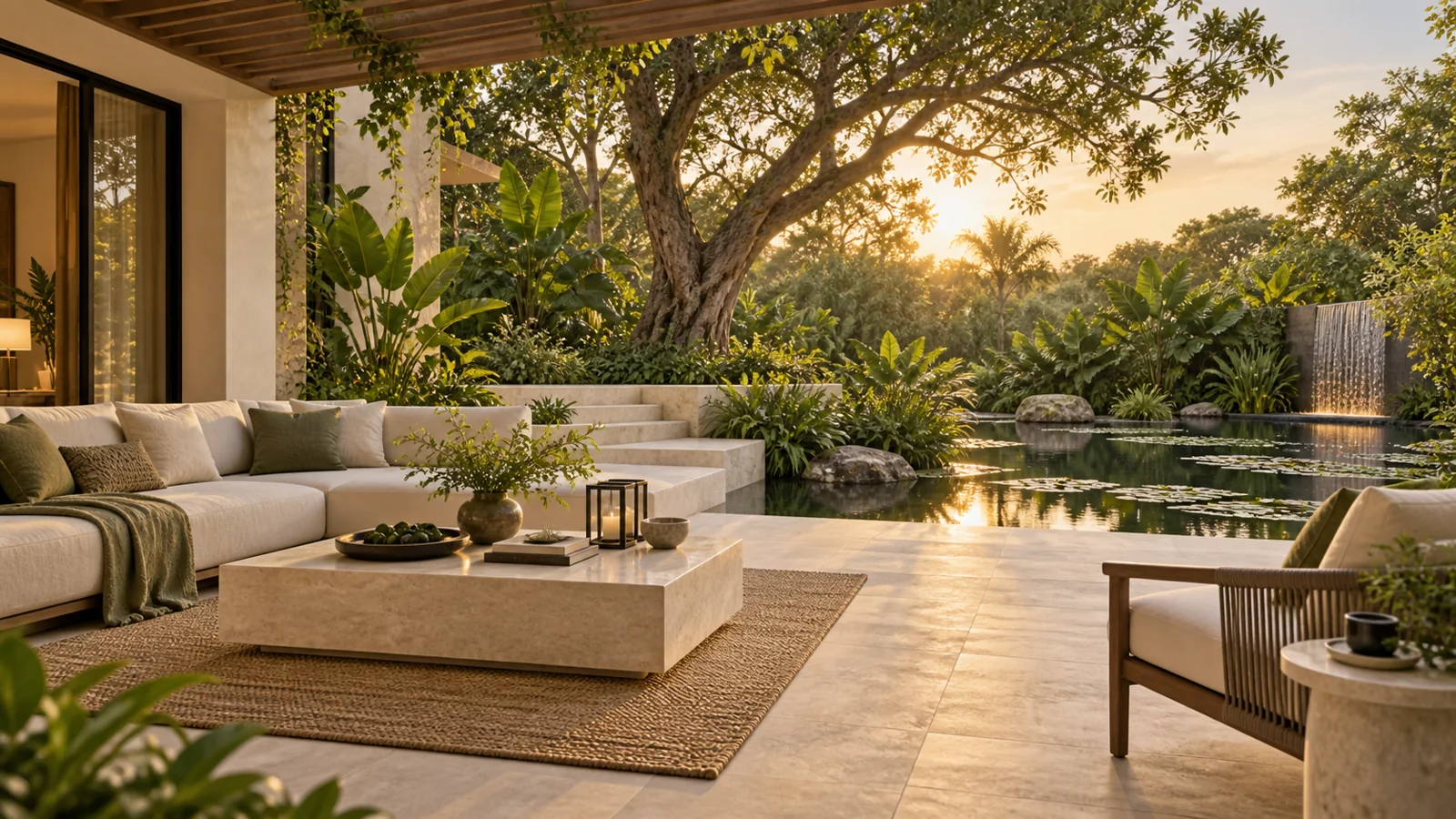 AI-generated garden terrace lifestyle concept; not an actual Embassy Riverine photograph