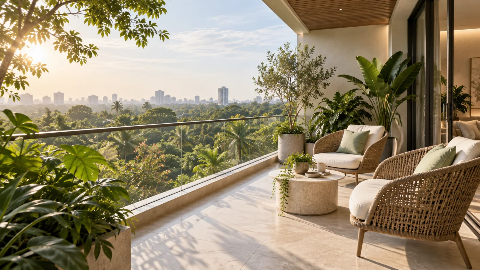 AI-generated balcony lifestyle concept with a botanical outlook; not an actual Sumadhura Sarang photograph