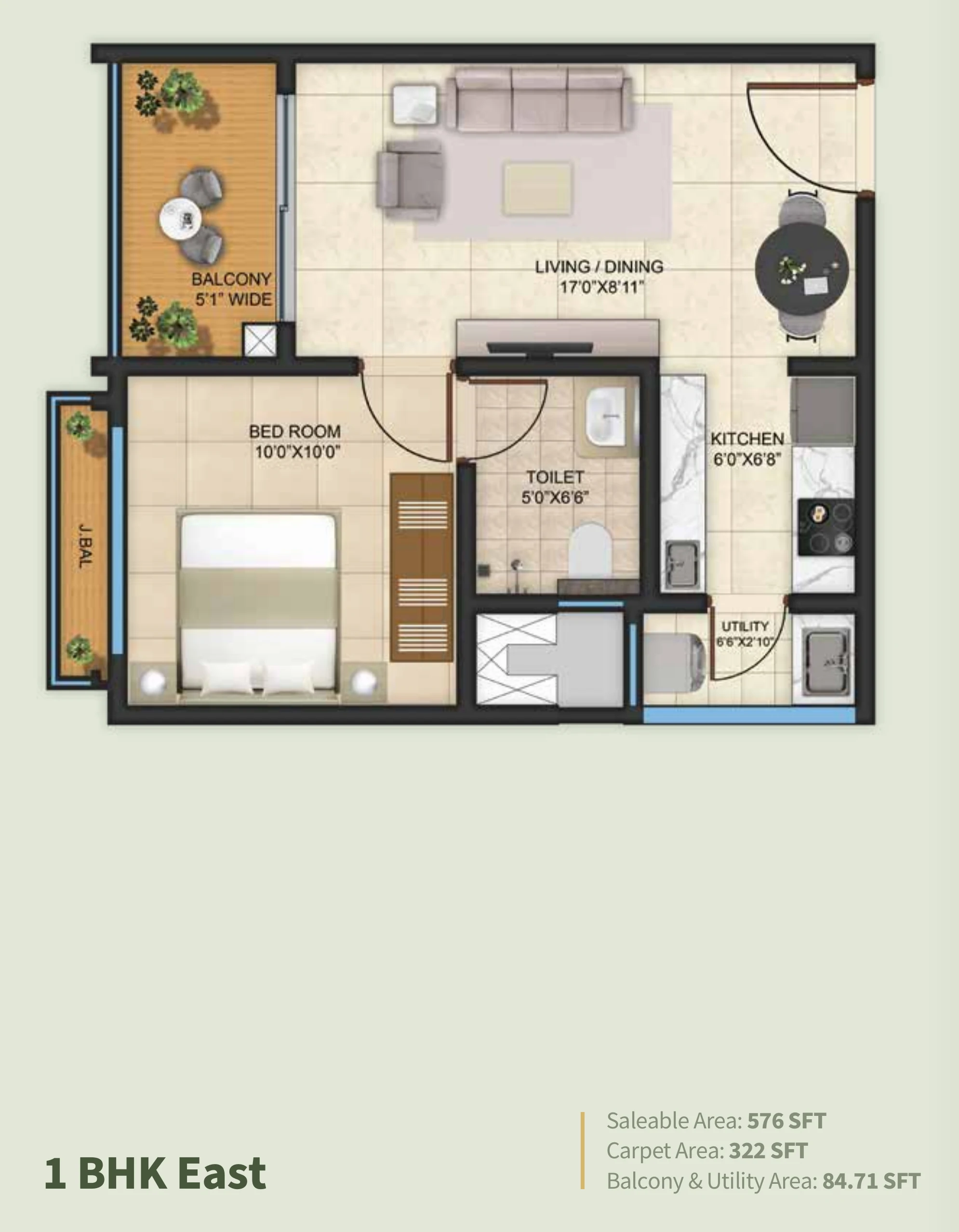 Kalyani Living Tree 1 BHK east facing floor plan 576 sq ft