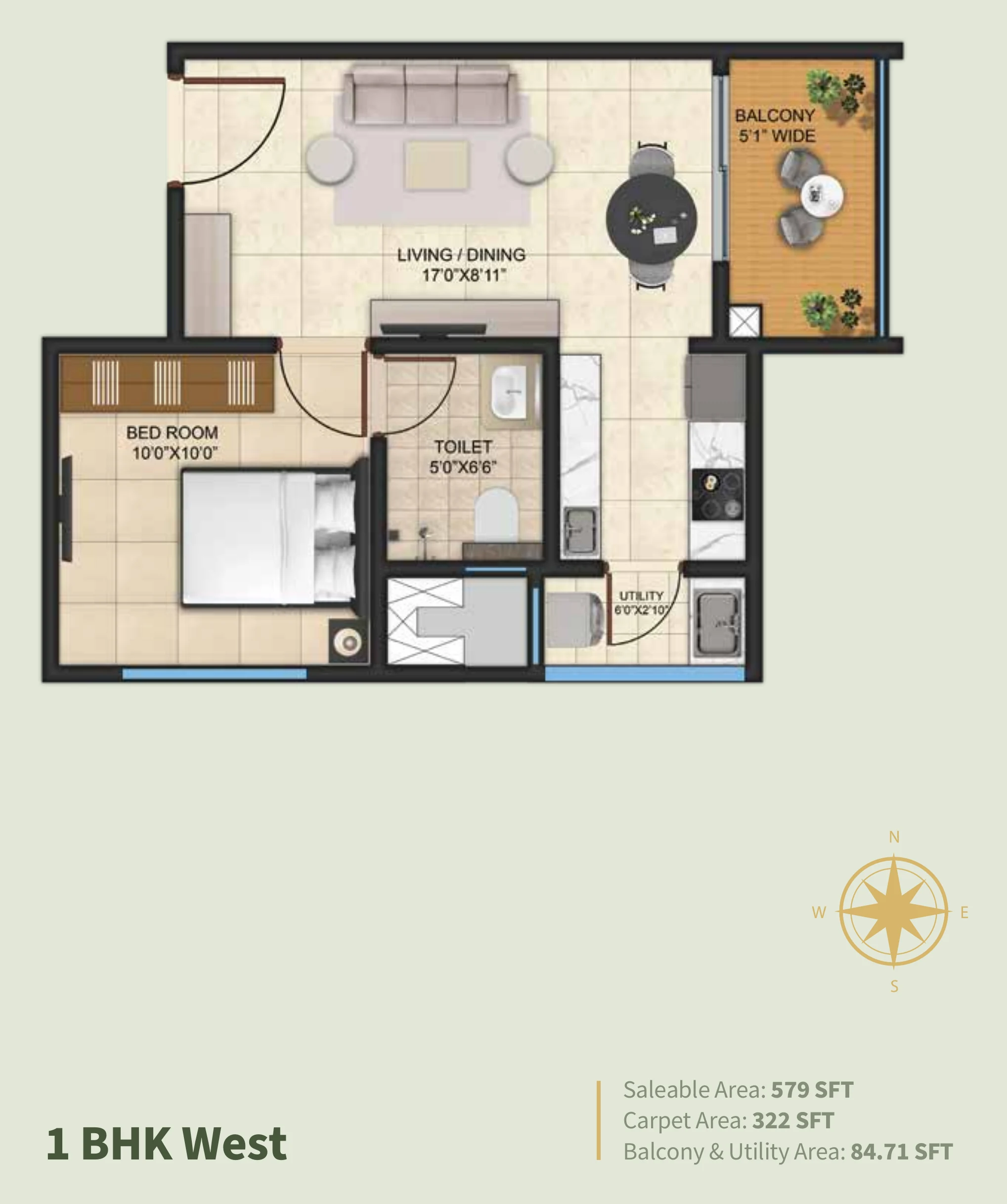 Kalyani Living Tree 1 BHK west facing floor plan 576 sq ft