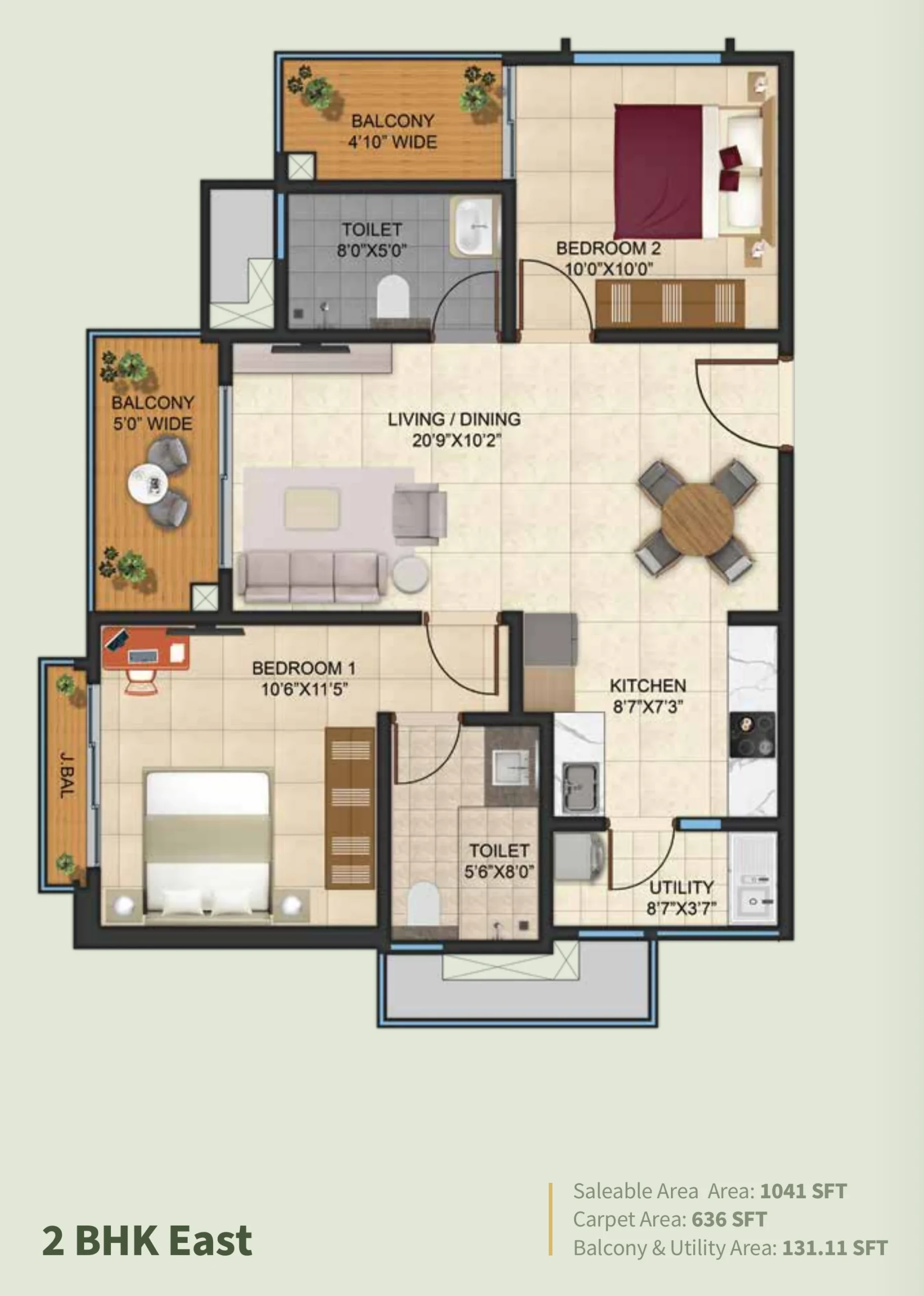 Kalyani Living Tree 2 BHK east facing floor plan 1041 sq ft