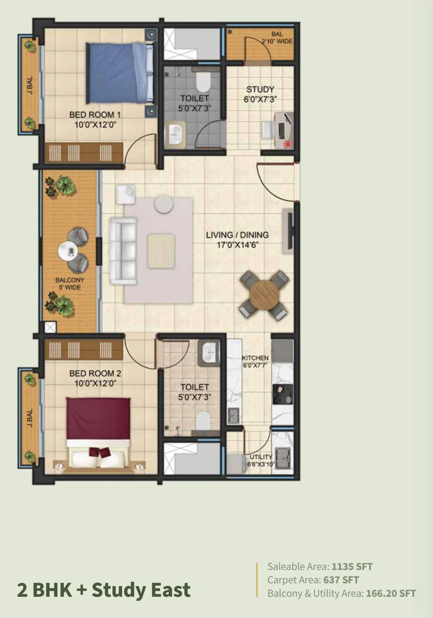 Kalyani Living Tree 2 BHK with study east facing floor plan 1135 sq ft