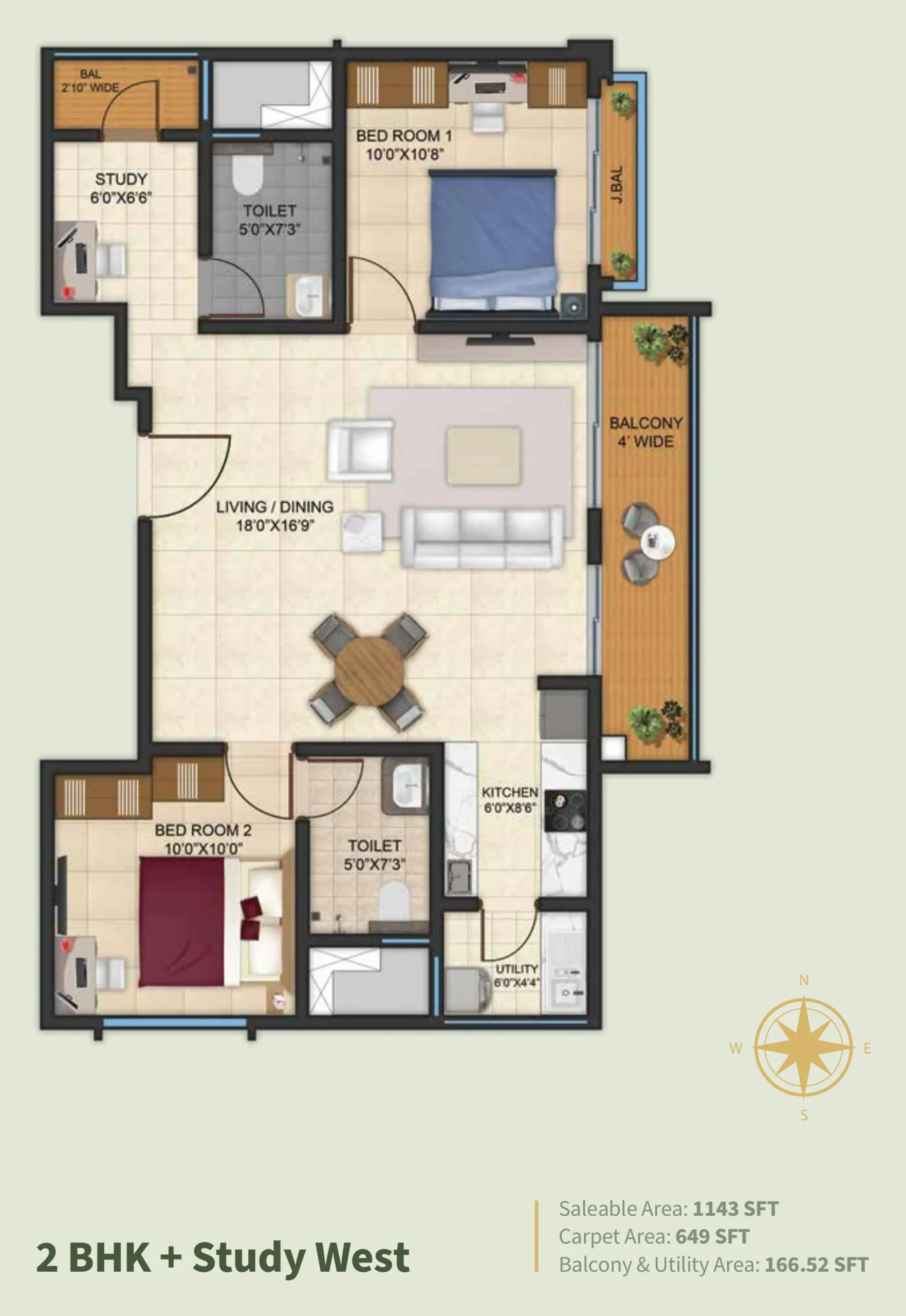 Kalyani Living Tree 2 BHK with study west facing floor plan 1135 sq ft