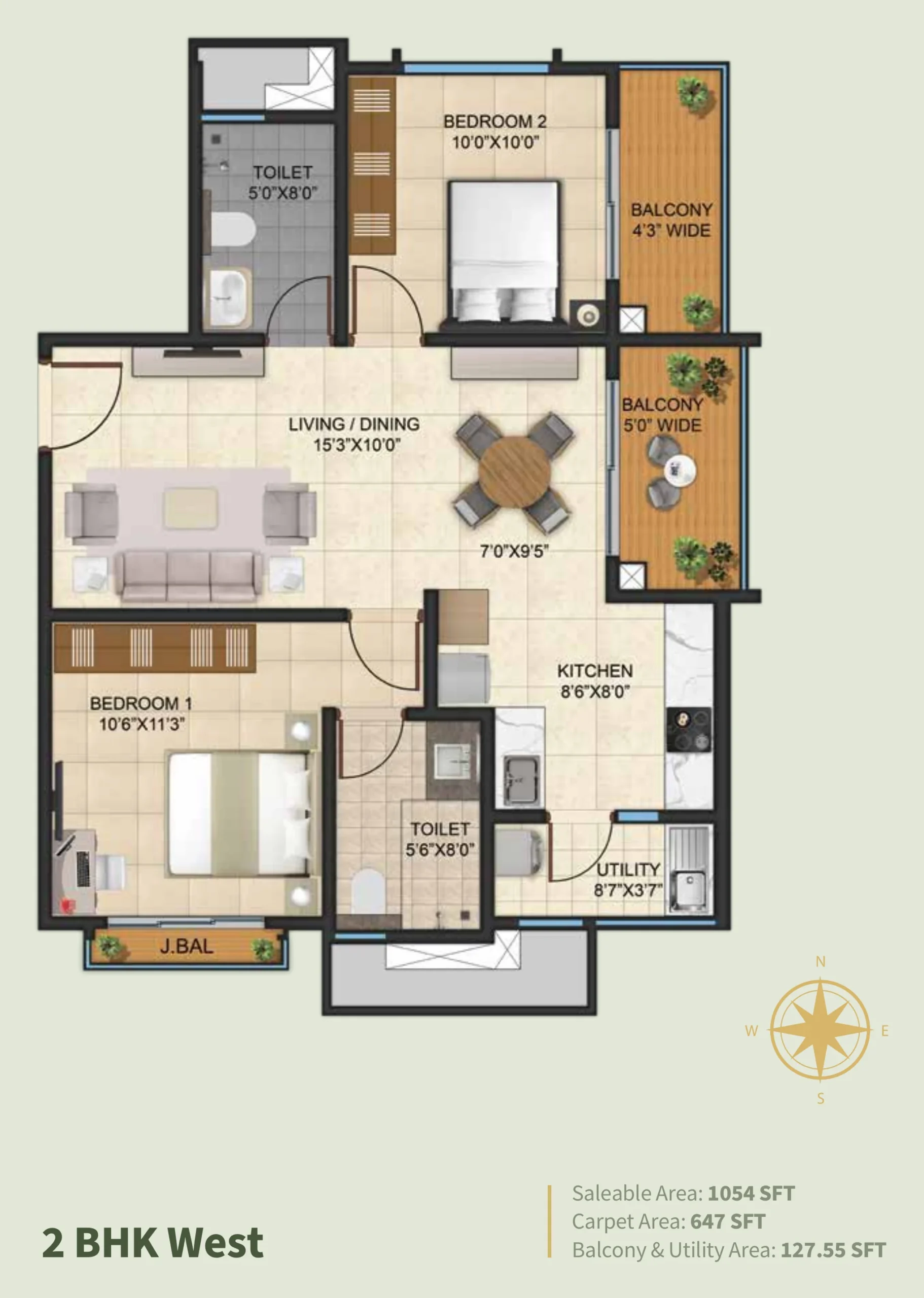 Kalyani Living Tree 2 BHK west facing floor plan 1041 sq ft