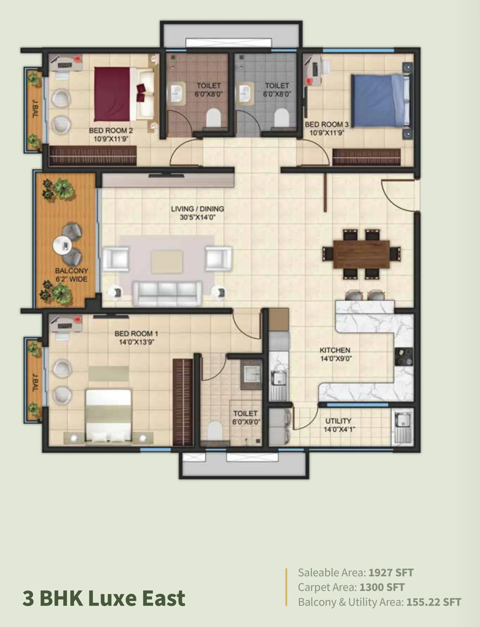 Kalyani Living Tree 3 BHK Luxe east facing floor plan 1927 sq ft