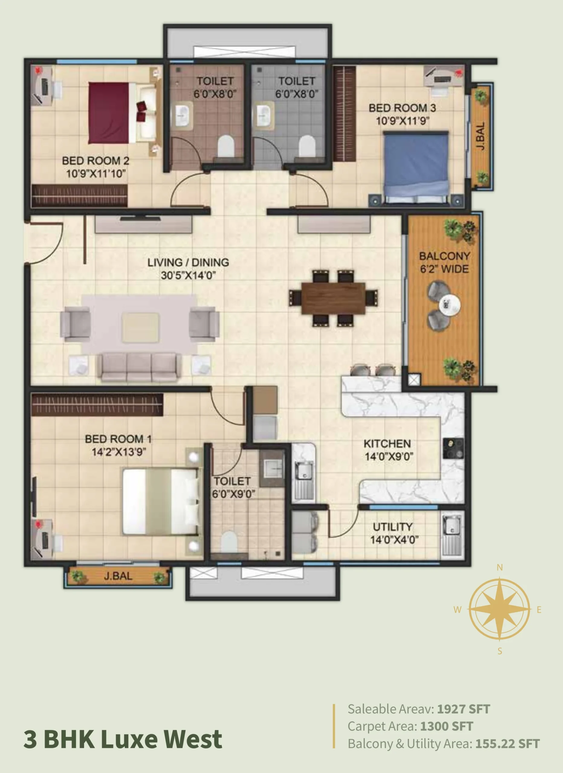 Kalyani Living Tree 3 BHK Luxe west facing floor plan 1927 sq ft