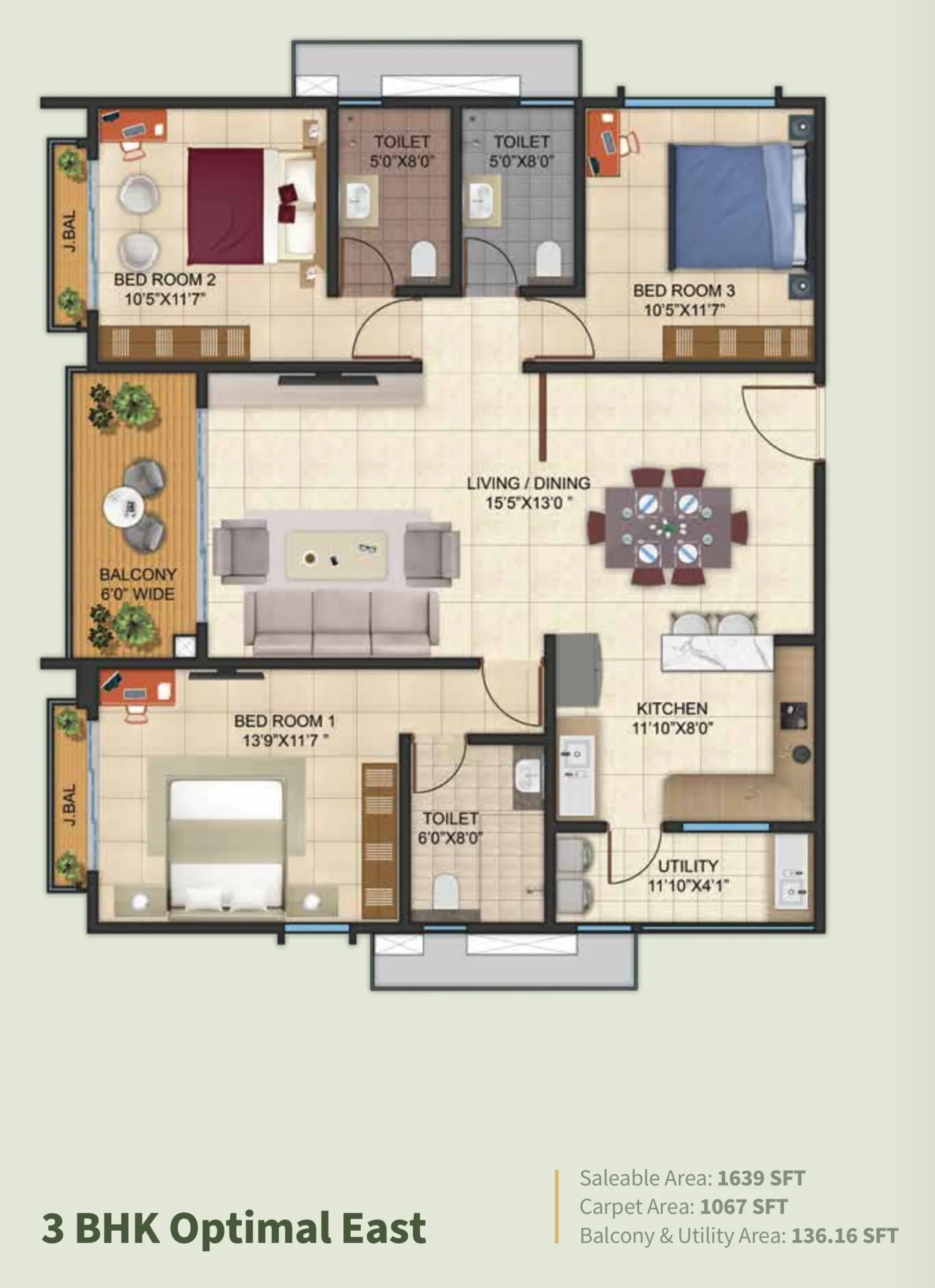 Kalyani Living Tree 3 BHK Optimal east facing floor plan 1639 sq ft