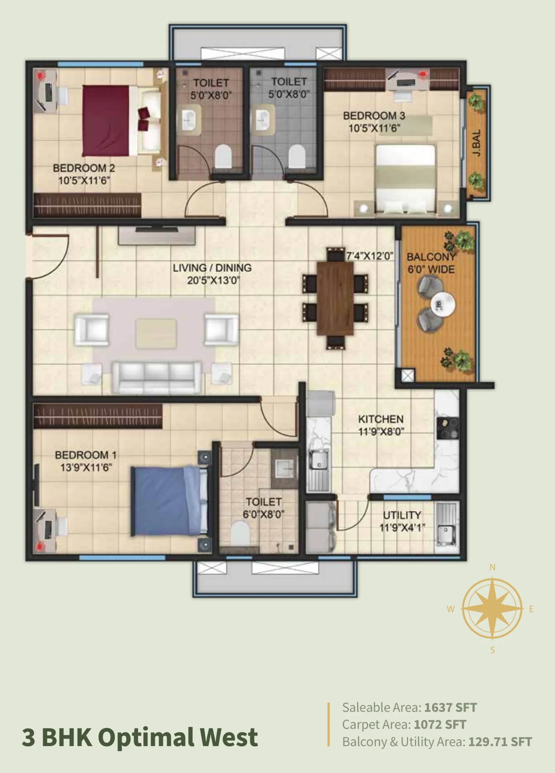 Kalyani Living Tree 3 BHK Optimal west facing floor plan 1639 sq ft