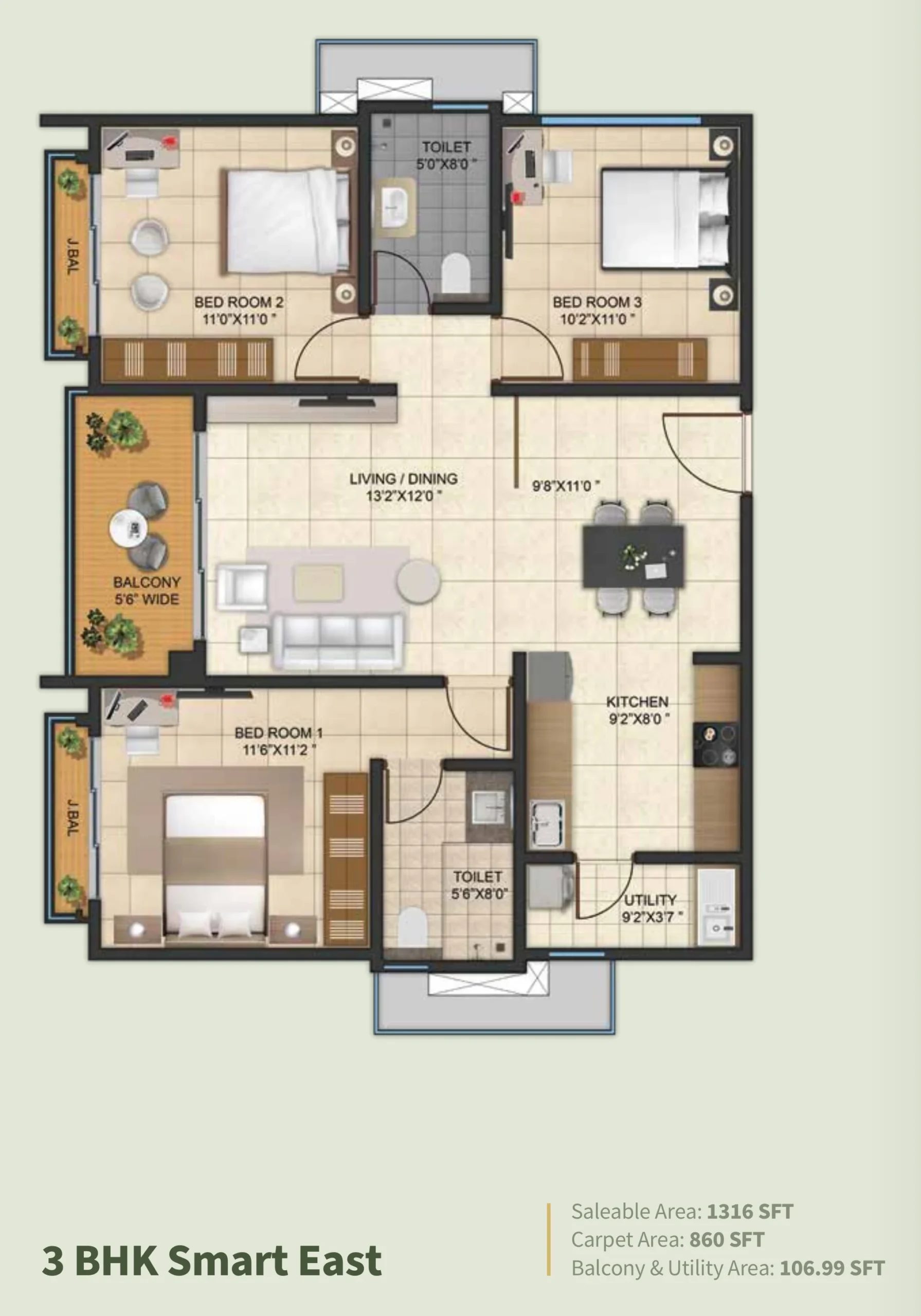 Kalyani Living Tree 3 BHK Smart east facing floor plan 1316 sq ft