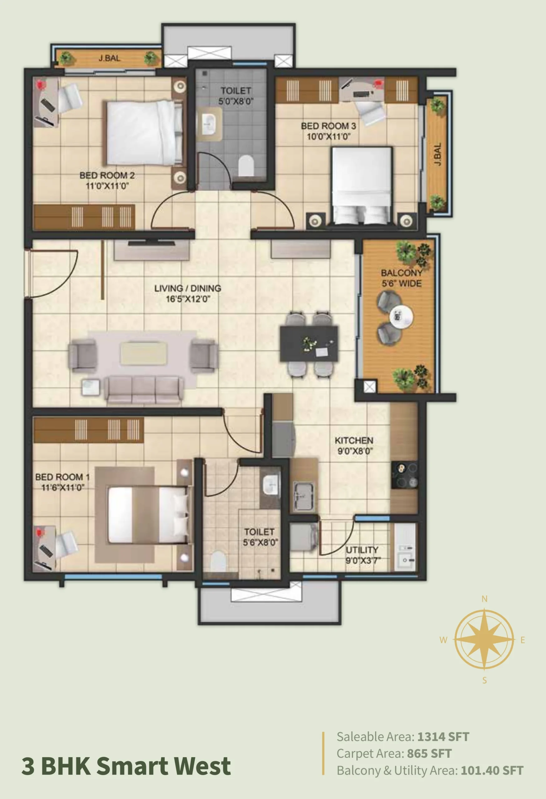 Kalyani Living Tree 3 BHK Smart west facing floor plan 1316 sq ft