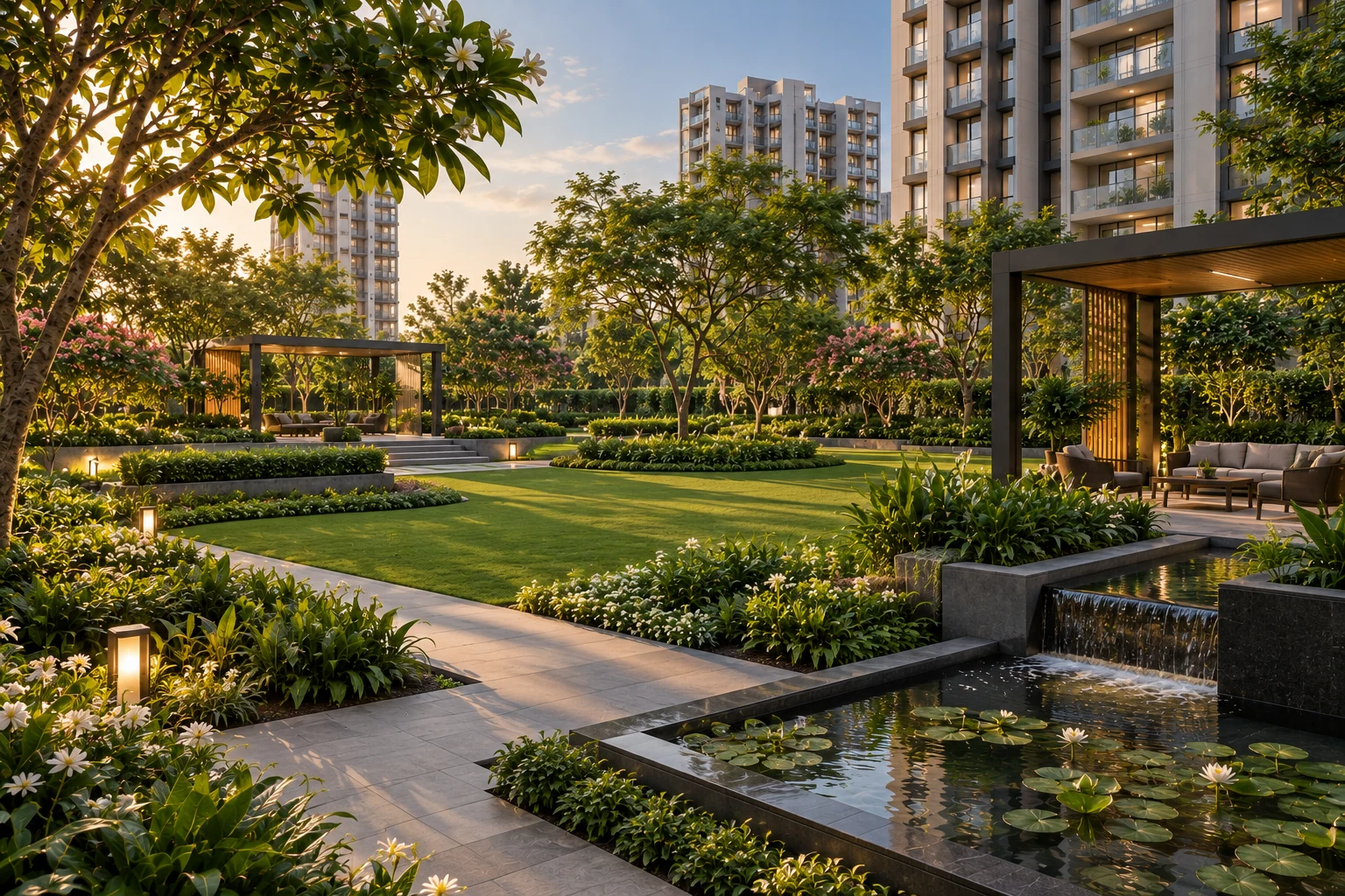 Landscaped garden at DSR Elixir off Old Madras Road
