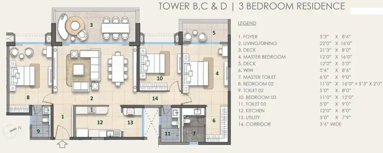 Lodha Fiorana 3 BHK floor plan for towers B C and D