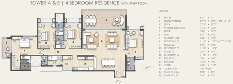 Lodha Fiorana 4 BHK floor plan with staff room for towers A and E
