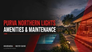 Purva Northern Lights amenities and maintenance cover illustrating a pool, landscaped walkway and clubhouse.