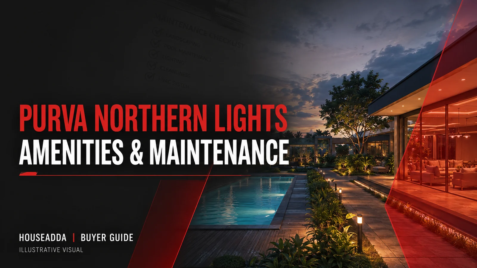 Purva Northern Lights amenities and maintenance cover illustrating a pool, landscaped walkway and clubhouse.