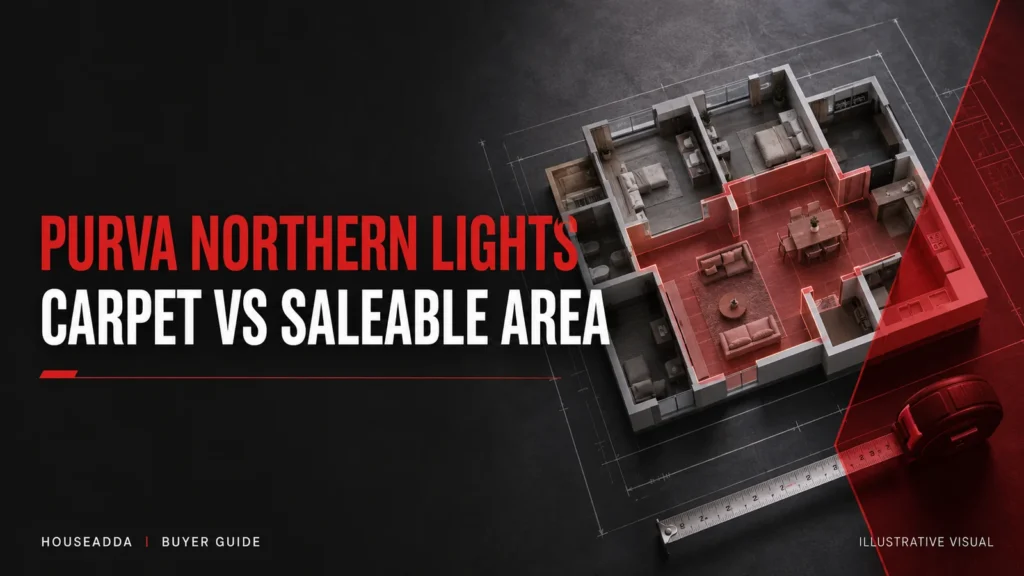 Purva Northern Lights carpet versus saleable area cover with an illustrative apartment plan and measuring tape.