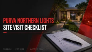 Purva Northern Lights site visit checklist cover with a clipboard beside an illustrative residential entrance.