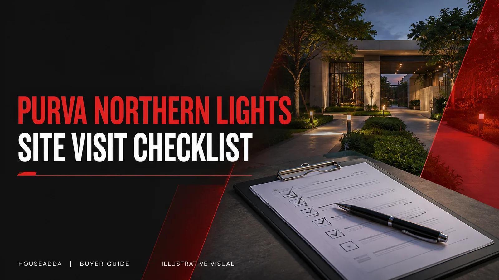 Purva Northern Lights site visit checklist cover with a clipboard beside an illustrative residential entrance.