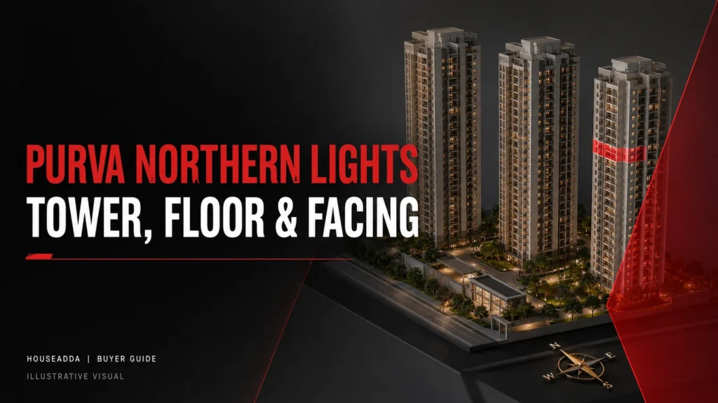 Purva Northern Lights tower, floor and facing guide with illustrative tower models and a compass.