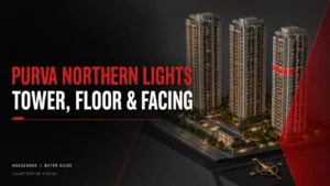 Purva Northern Lights tower, floor and facing guide with illustrative tower models and a compass.