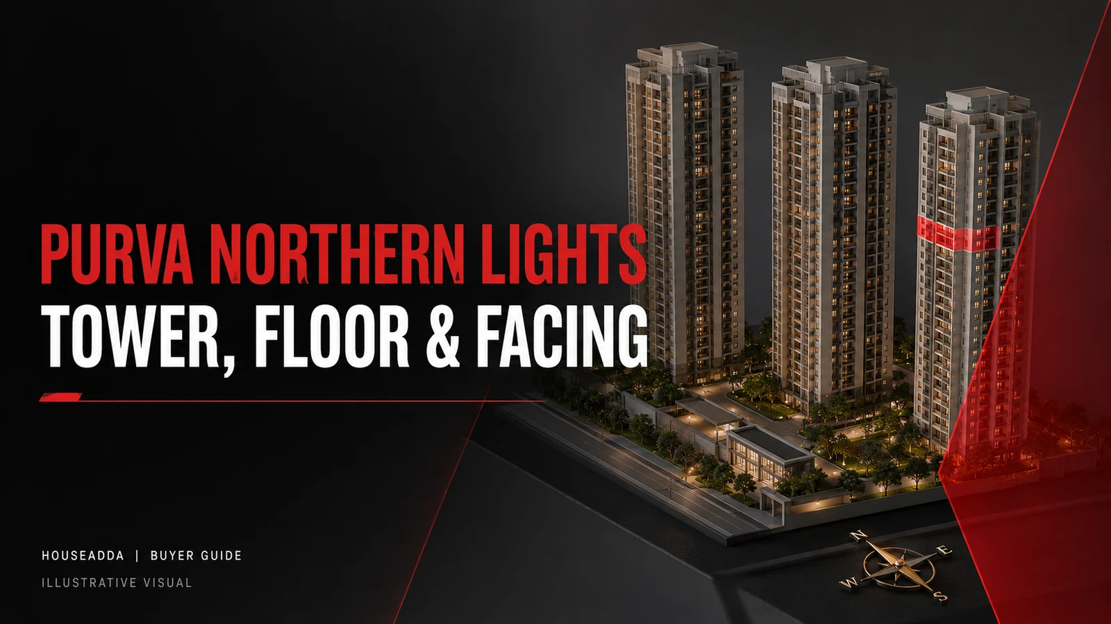 Purva Northern Lights tower, floor and facing guide with illustrative tower models and a compass.