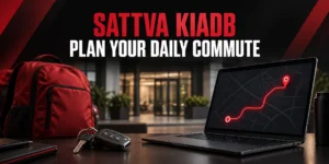 Sattva KIADB commute planning guide with backpack, car keys and conceptual route on a laptop