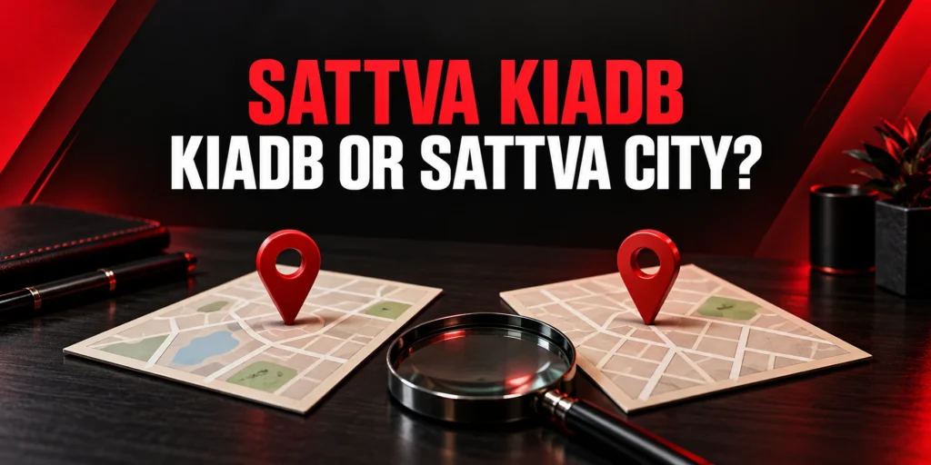 Sattva KIADB vs Sattva City guide with two conceptual location cards, red map pins and a magnifying glass