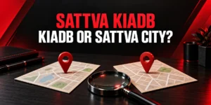 Sattva KIADB vs Sattva City guide with two conceptual location cards, red map pins and a magnifying glass