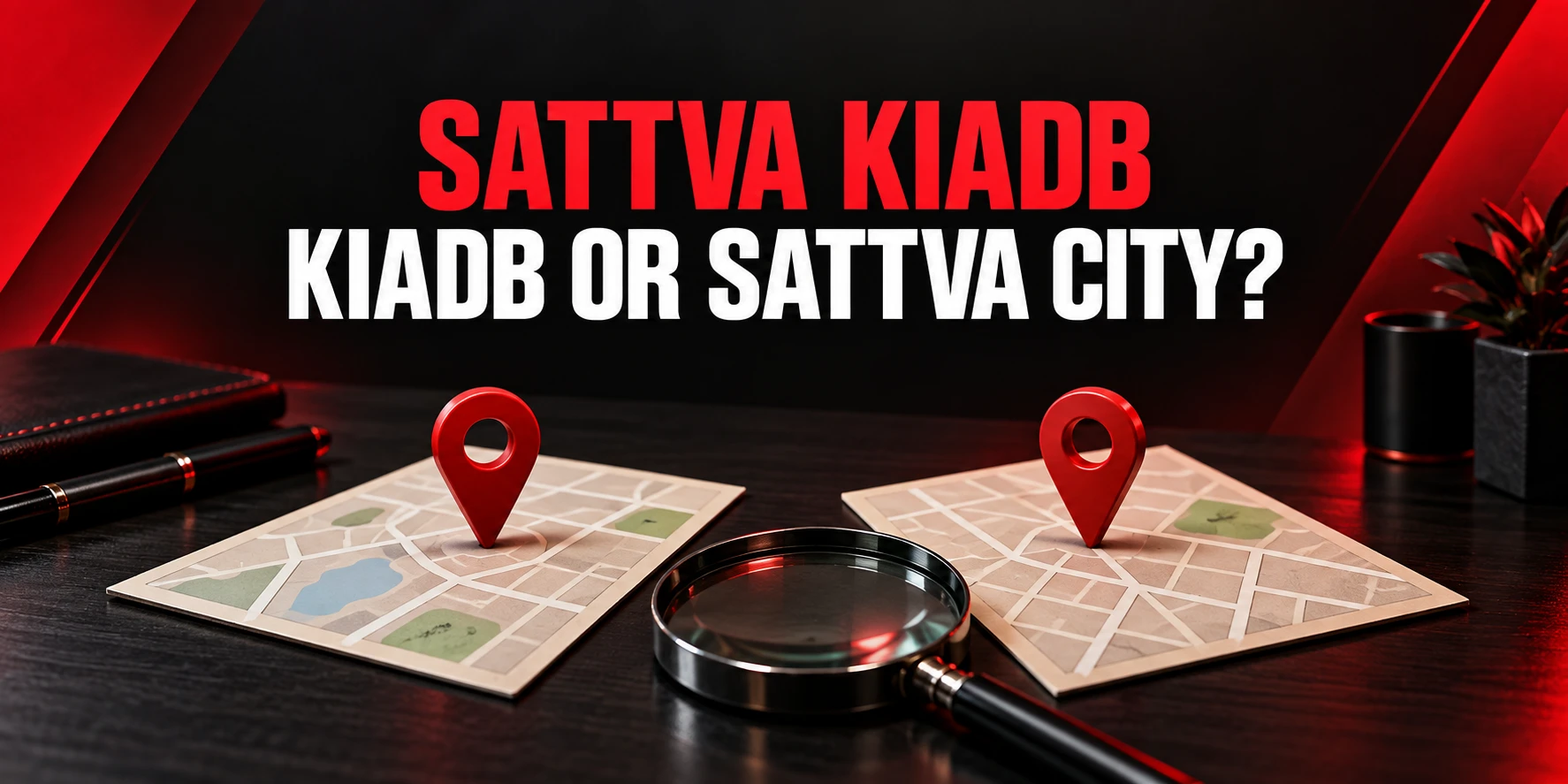 Sattva KIADB vs Sattva City guide with two conceptual location cards, red map pins and a magnifying glass