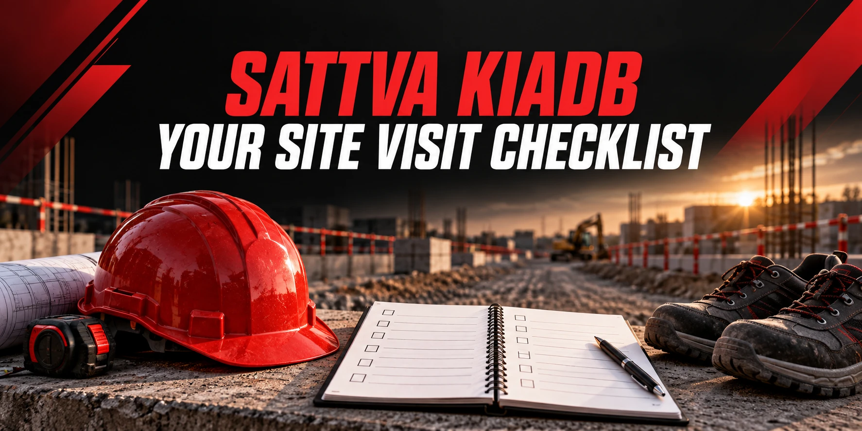 Sattva KIADB site visit checklist with notebook, red hardhat and walking shoes; conceptual illustration